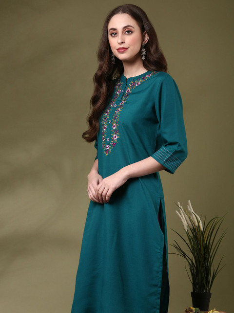 Anouk Floral Yoke Design Thread Work Straight Kurta