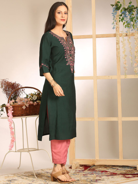 Anouk Floral Yoke Design Notch Neck Straight Kurta - Image 4