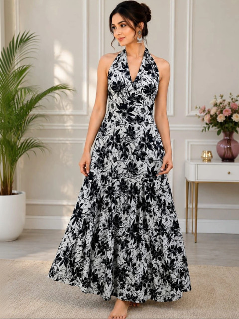 SMITSAREE Floral Print Halter Neck Ruffled Maxi Dress