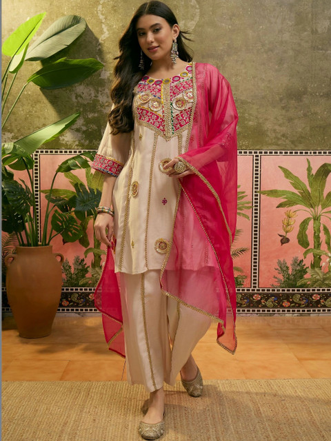 Sangria Women Ethnic Motifs Embroidered Regular Mirror Work Kurta with Trousers & With Dupatta