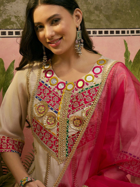 Sangria Women Ethnic Motifs Embroidered Regular Mirror Work Kurta with Trousers & With Dupatta - Image 6