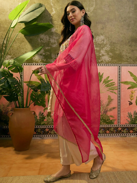 Sangria Women Ethnic Motifs Embroidered Regular Mirror Work Kurta with Trousers & With Dupatta - Image 3