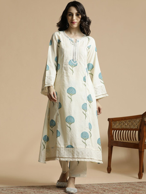 Anouk Women Floral Printed Regular Thread Work Pure Cotton Kurta with Trousers