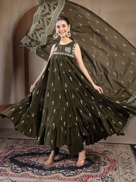 Anouk Women Ethnic Motifs Embroidered Tiered Thread Work Pure Cotton Kurta with Trousers & With