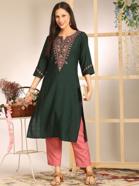 Anouk Floral Yoke Design Notch Neck Straight Kurta - Image 7