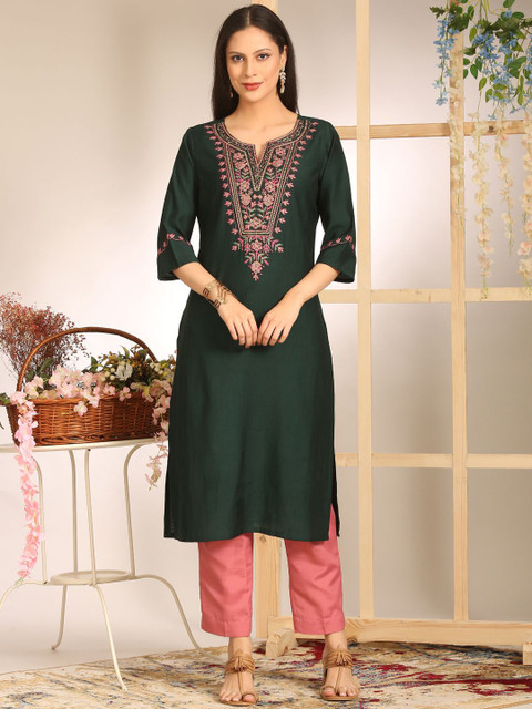Anouk Floral Yoke Design Notch Neck Straight Kurta - Image 2