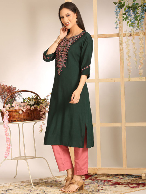 Anouk Floral Yoke Design Notch Neck Straight Kurta - Image 5