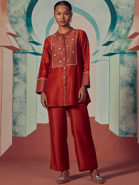 Anouk Embroidered Mandarin Collar Top & Trousers Co-Ords