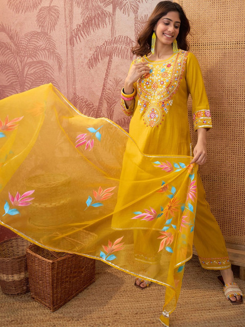 Sangria Women Ethnic Motifs Embroidered Regular Thread Work Kurta with Palazzos & With Dupatta
