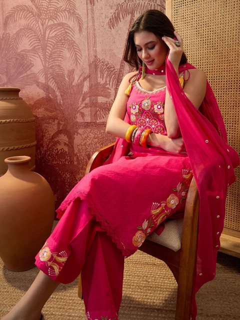 Sangria Women Ethnic Motifs Embroidered Regular Thread Work Pure Cotton Kurta with Trousers & With Dupatta