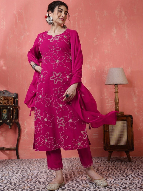 Sangria Women Floral Embroidered Regular Thread Work Kurta with Trousers & With Dupatta