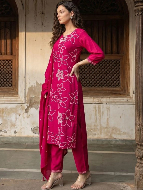Sangria Women Floral Embroidered Regular Thread Work Kurta with Trousers & With Dupatta - Image 4