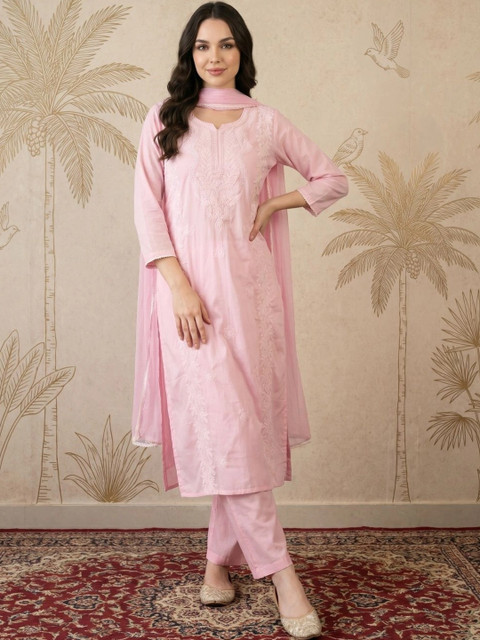 Sangria Women Ethnic Motifs Embroidered Regular Thread Work Kurta with Trousers & With Dupatta