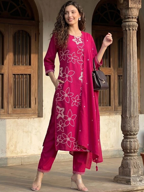 Sangria Women Floral Embroidered Regular Thread Work Kurta with Trousers & With Dupatta - Image 5