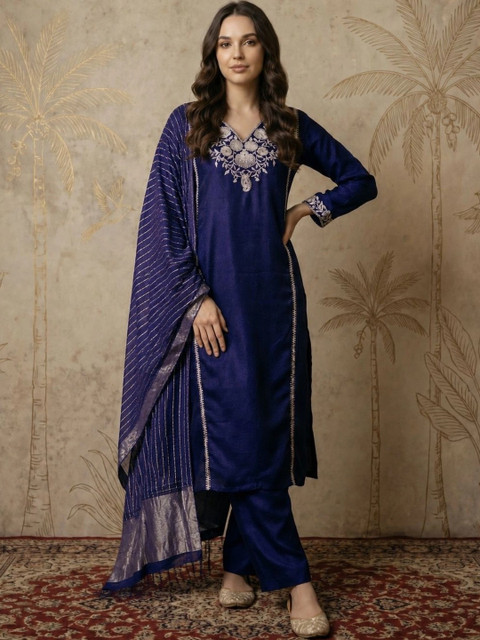 Sangria Women Ethnic Motifs Embroidered Regular Thread Work Kurta with Trousers & With Dupatta