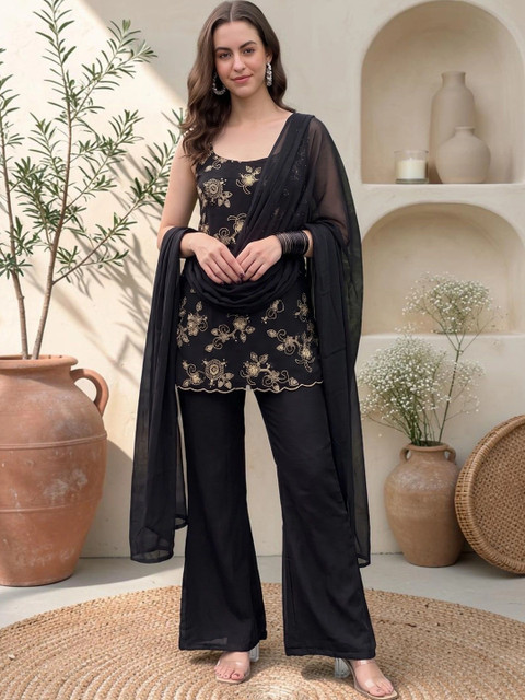 Sangria Women Floral Embroidered Regular Thread Work Kurta with Trousers & With Dupatta