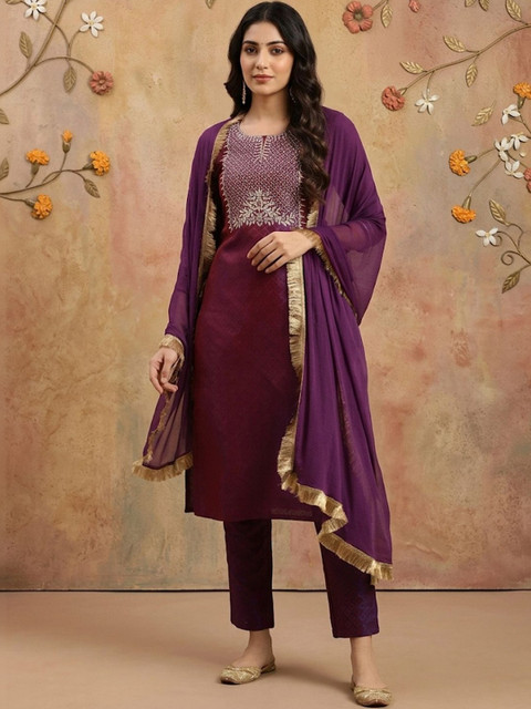 Anouk Women Ethnic Motifs Embroidered Regular Thread Work Kurta with Trousers & With Dupatta