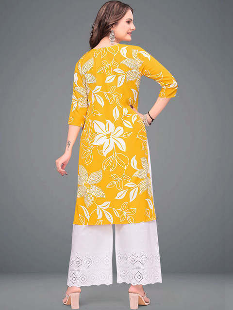 MENFLUENT Selection Of 2 Floral Printed Round Neck Pure Crepe Straight Kurtas - Image 5