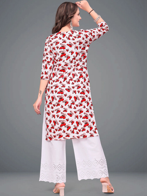 MENFLUENT Selection Of 2 Floral Printed Round Neck Pure Crepe Straight Kurtas - Image 3