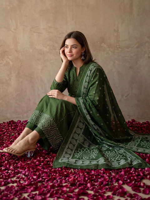 KALINI Ethnic Motifs Printed Mandarin Collar Pure Cotton Kurta With Trousers & Dupatta