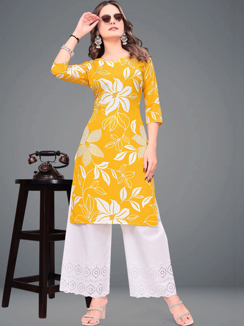 MENFLUENT Selection Of 2 Floral Printed Round Neck Pure Crepe Straight Kurtas - Image 2