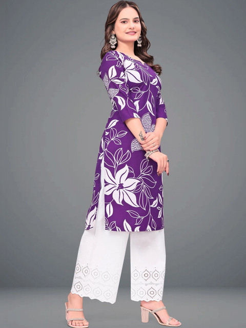 MENFLUENT Selection Of 2 Floral Printed Round Neck Pure Crepe Straight Kurtas - Image 6