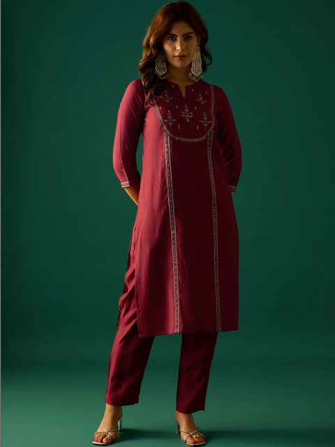 KSUT Women Ethnic Motifs Embroidered Regular Thread Work Kurta with Trousers & With Dupatta