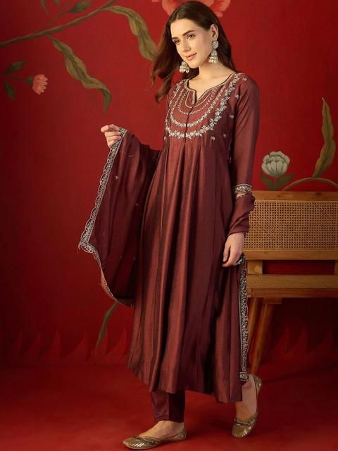 Sangria Women Ethnic Motifs Embroidered Regular Thread Work Kurta with Trousers & With Dupatta - Image 5