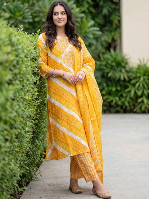 Indo Era Women Leheriya Dyed Regular Kurta with Trousers & With Dupatta