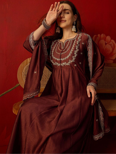 Sangria Women Ethnic Motifs Embroidered Regular Thread Work Kurta with Trousers & With Dupatta
