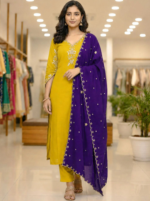 NEEL ETHNICS Women Ethnic Motifs Embroidered Regular Thread Work Kurta with Trousers & With Dupatta - Image 4
