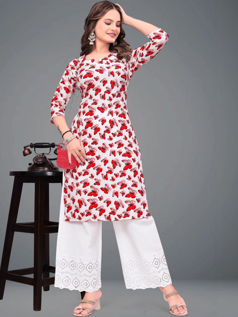 MENFLUENT Selection Of 2 Floral Printed Round Neck Pure Crepe Straight Kurtas