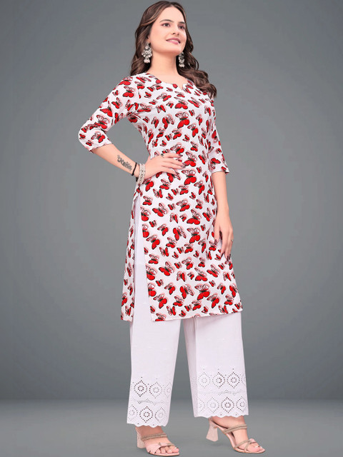 MENFLUENT Selection Of 2 Floral Printed Round Neck Pure Crepe Straight Kurtas - Image 4