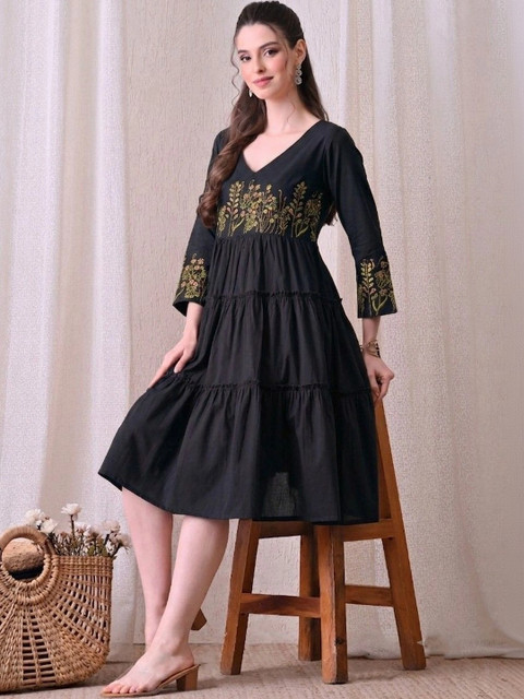 SANGOURI Floral Embroidered A-Line Dress