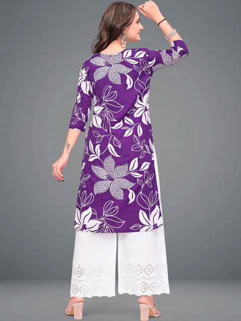 MENFLUENT Selection Of 2 Floral Printed Round Neck Pure Crepe Straight Kurtas - Image 5