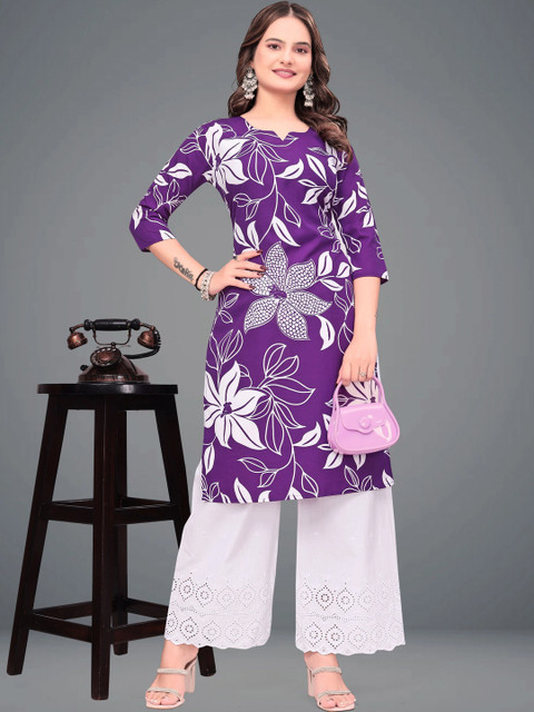 MENFLUENT Selection Of 2 Floral Printed Round Neck Pure Crepe Straight Kurtas - Image 2