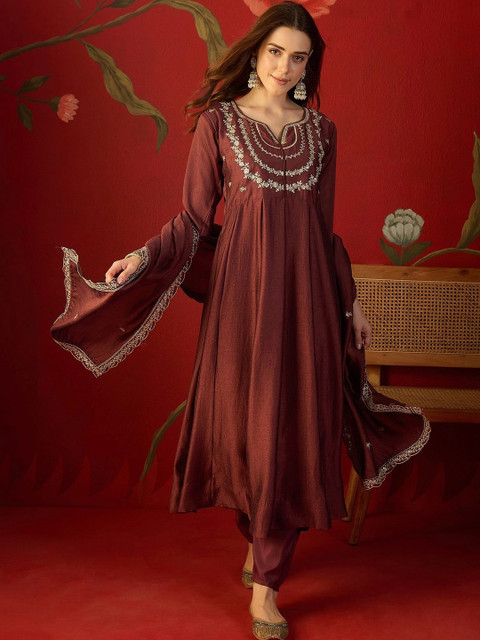 Sangria Women Ethnic Motifs Embroidered Regular Thread Work Kurta with Trousers & With Dupatta - Image 3