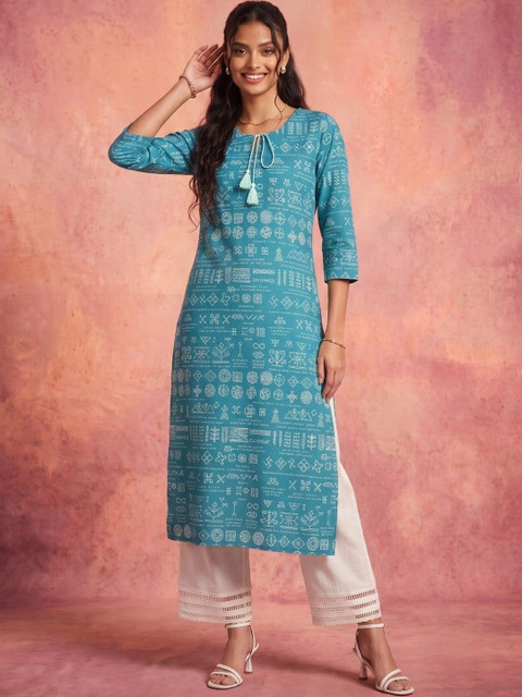 KINDA DESI Women Ethnic Motifs Printed Indie Cotton Straight Kurta