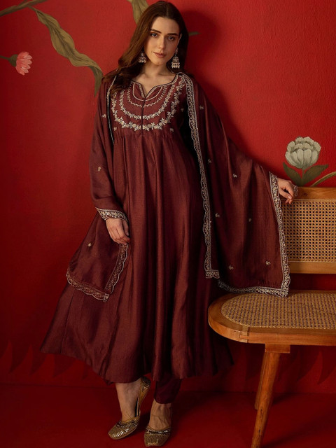 Sangria Women Ethnic Motifs Embroidered Regular Thread Work Kurta with Trousers & With Dupatta - Image 2