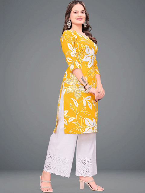 MENFLUENT Selection Of 2 Floral Printed Round Neck Pure Crepe Straight Kurtas - Image 6