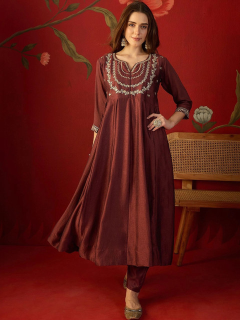 Sangria Women Ethnic Motifs Embroidered Regular Thread Work Kurta with Trousers & With Dupatta - Image 6