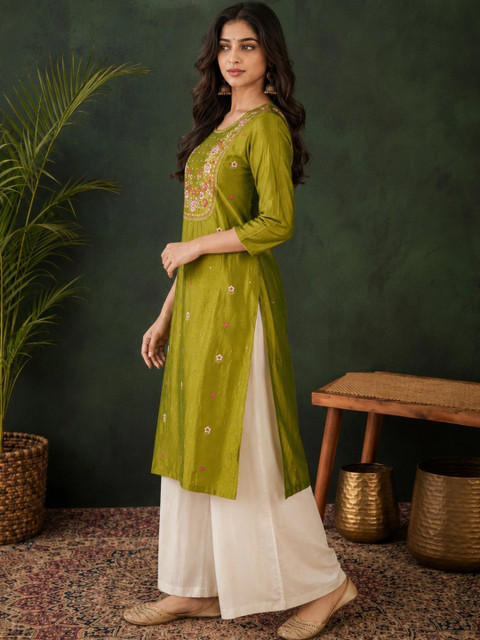 rarethread Women Embroidered Thread Work Floral Kurta - Image 5