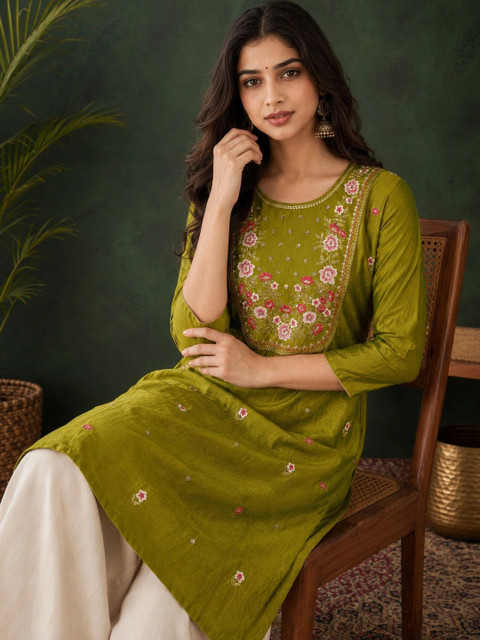rarethread Women Embroidered Thread Work Floral Kurta - Image 3