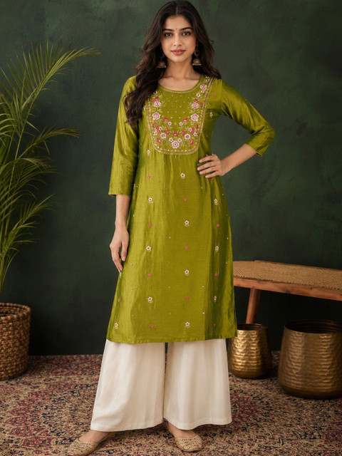 rarethread Women Embroidered Thread Work Floral Kurta - Image 4