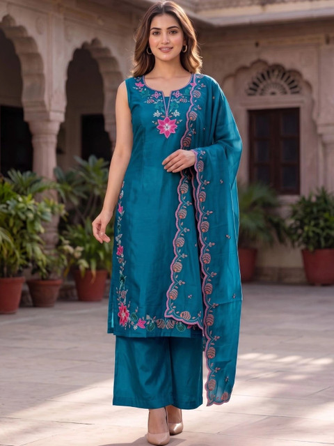 HERE&NOW Women Ethnic Motifs Embroidered Regular Mirror Work Pure Silk Kurta with Palazzos & With Dupatta