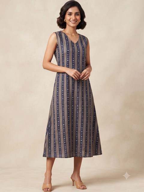 Milvia Ethnic Motifs Print A-Line Midi Dress