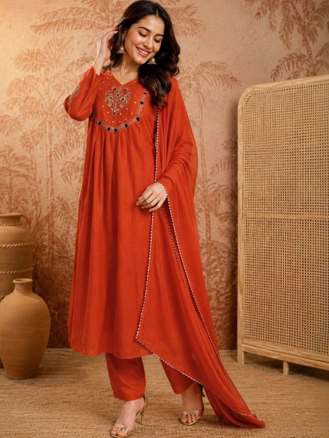 SHADOW & SAINING Women Ethnic Motifs Embroidered Empire Thread Work Kurta with Trousers & With Dupatta