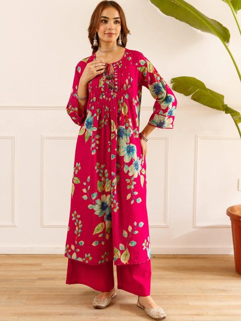 Nehamta Women Floral Printed Regular Chanderi Cotton Kurta Sets