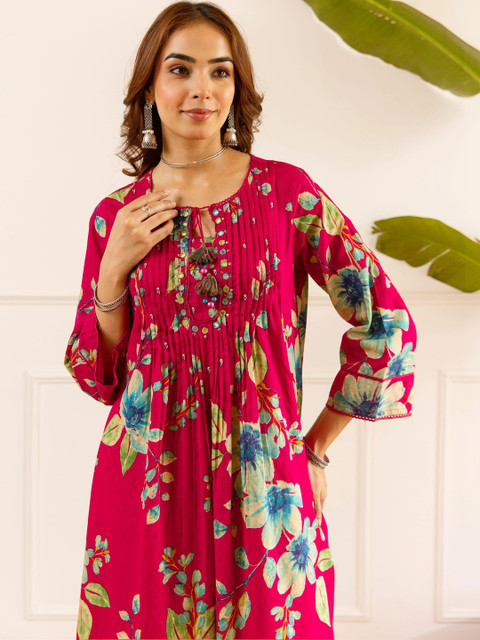 Nehamta Women Floral Printed Regular Chanderi Cotton Kurta Sets - Image 5