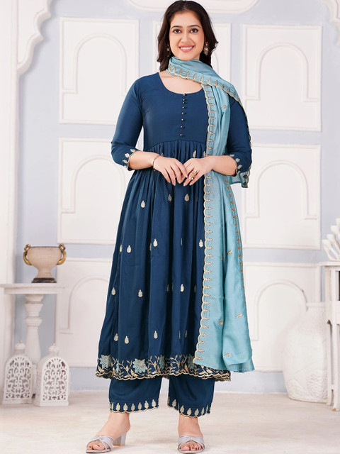 KALINI Women Floral Embroidered Empire Thread Work Kurta with Trousers & With Dupatta - Image 2